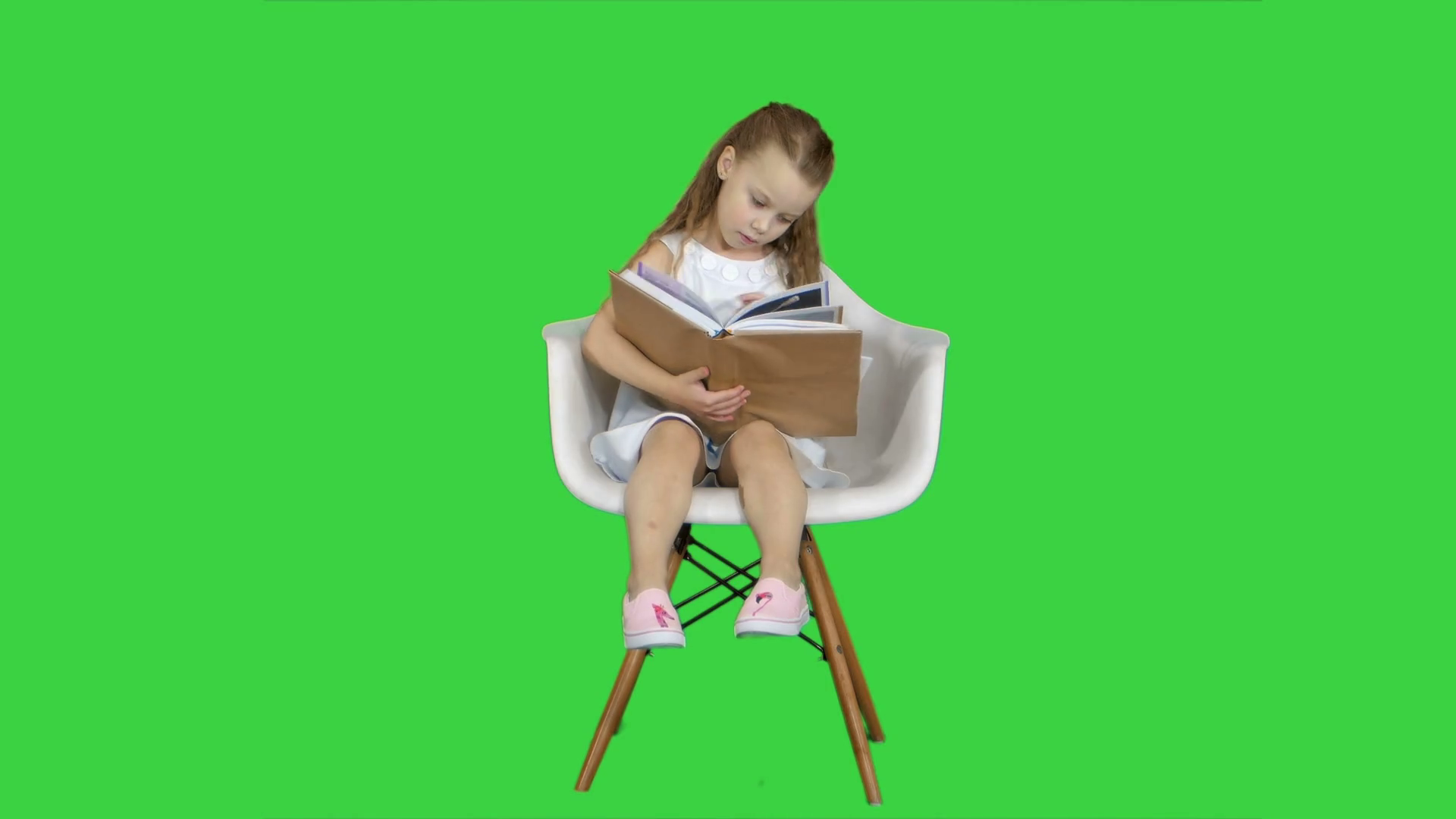 Little student girl sitting and reading book on a Green Screen, Chroma