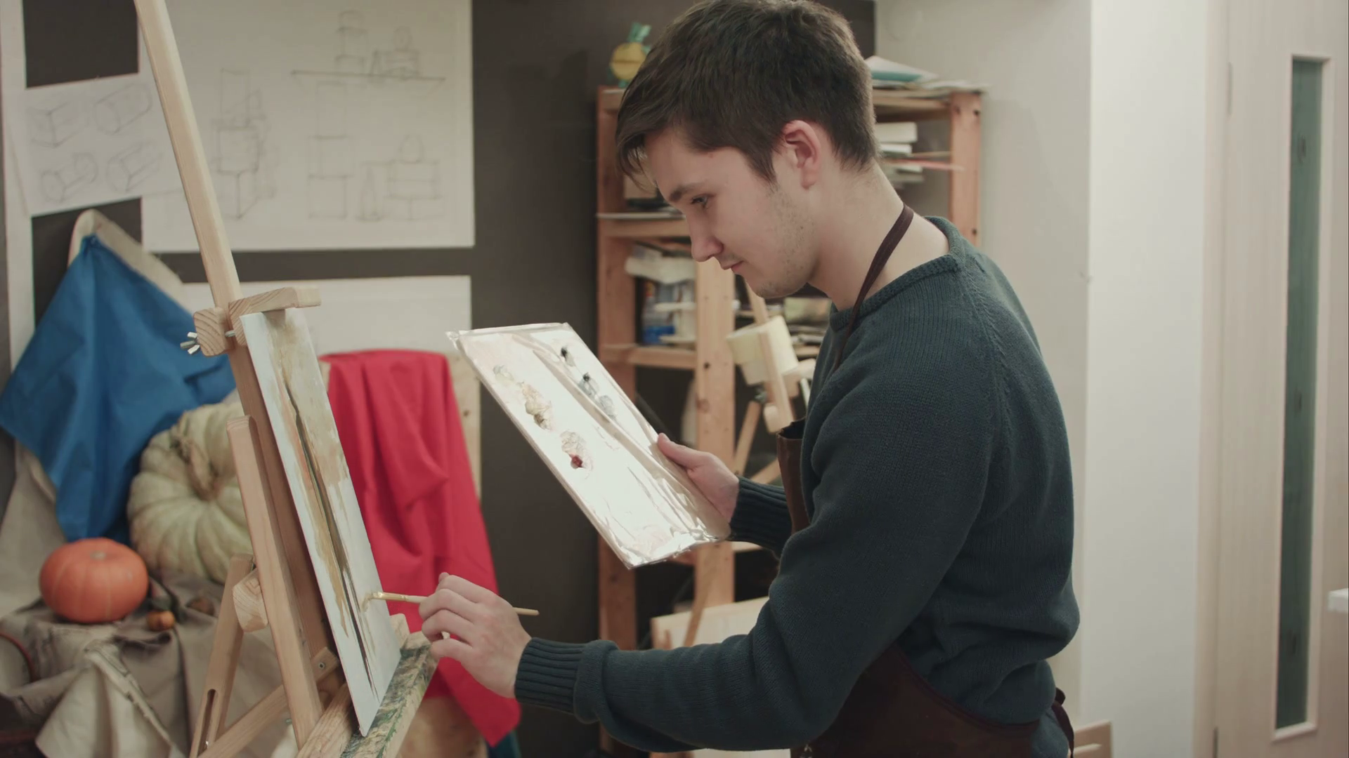 Young Artist Painting With Oil Paints On Stock Footage SBV-312028296 ...