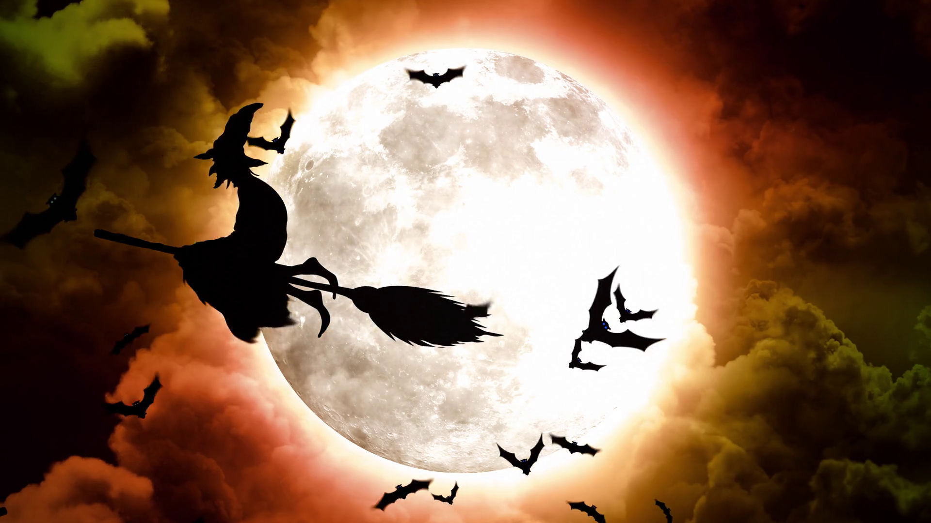 Halloween Bats and Witches in Red Sky and Clouds Motion Background