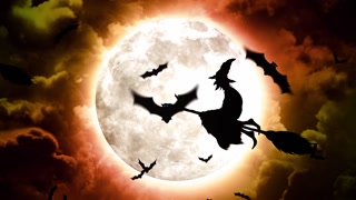 Halloween Bats and Witches in Red Sky and Clouds