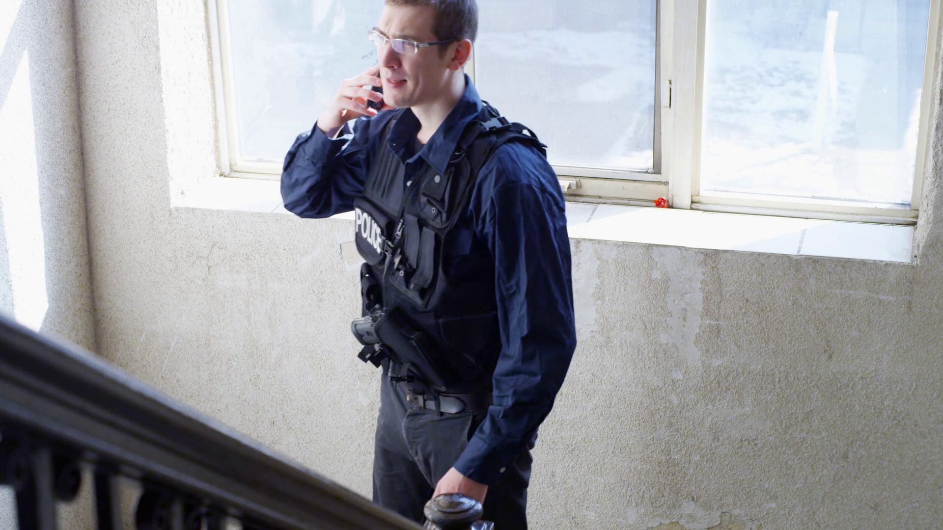 Police Walking Down Stairs In Hallway On Stock Footage SBV-352201726 ...