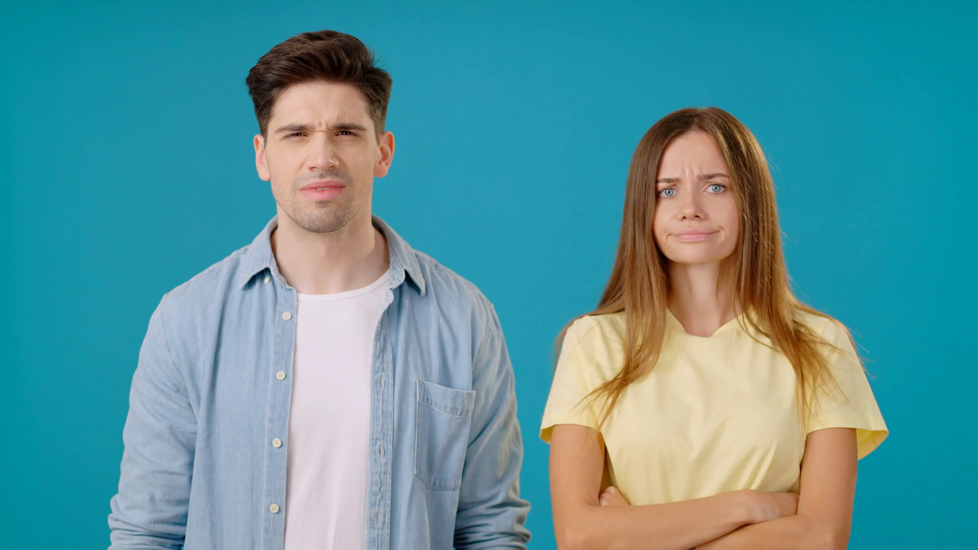 Confused Man Woman Spread Hands Feeling Stock Footage SBV-347786136 ...