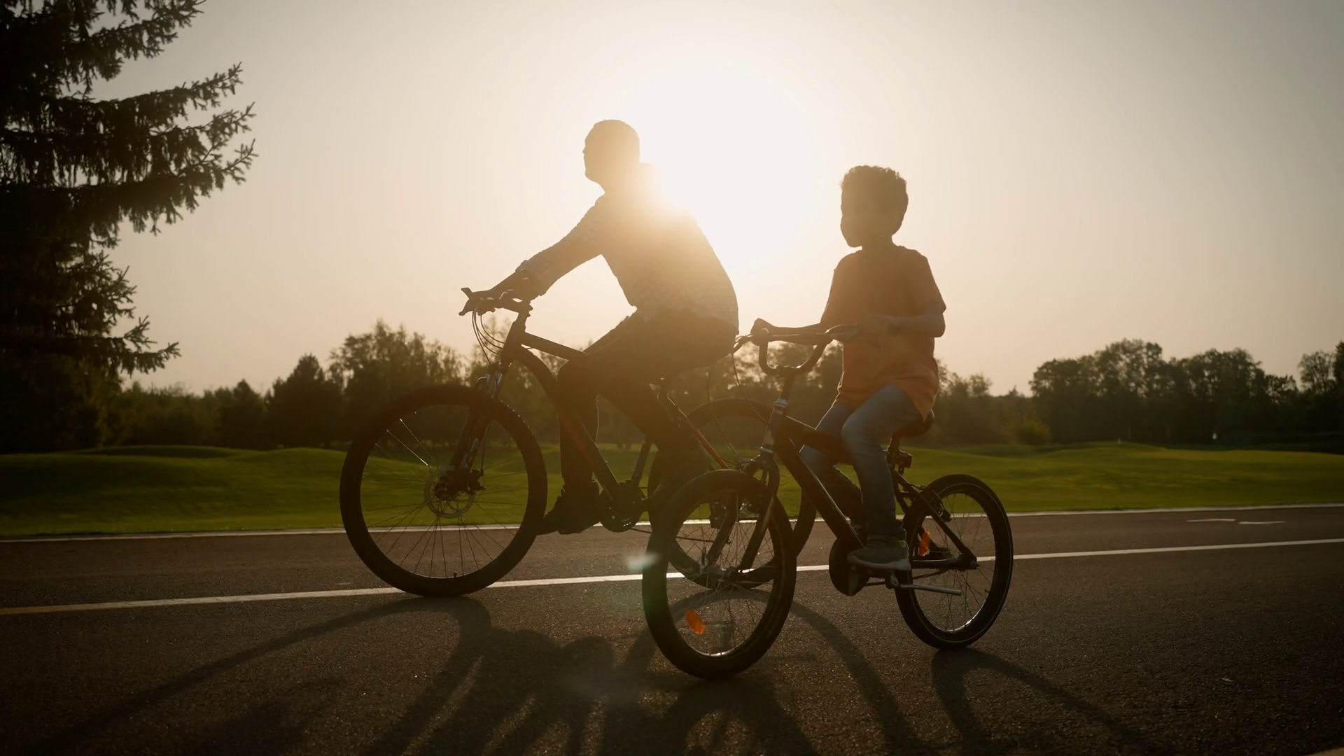 Dad With Son Using Bicycles Cycling During Stock Footage SBV348579770(01)