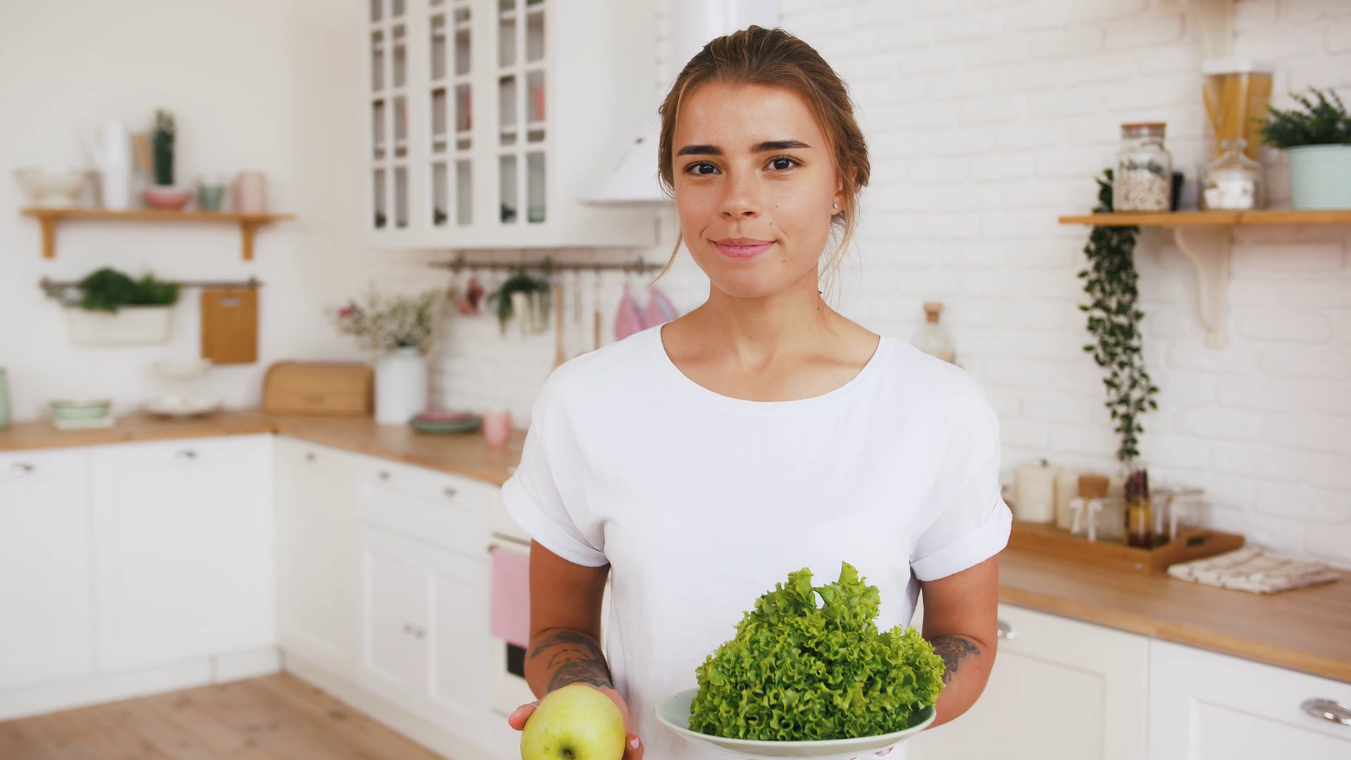 Woman Is Throwing Up Apple Eating Holding Stock Footage SBV346442246