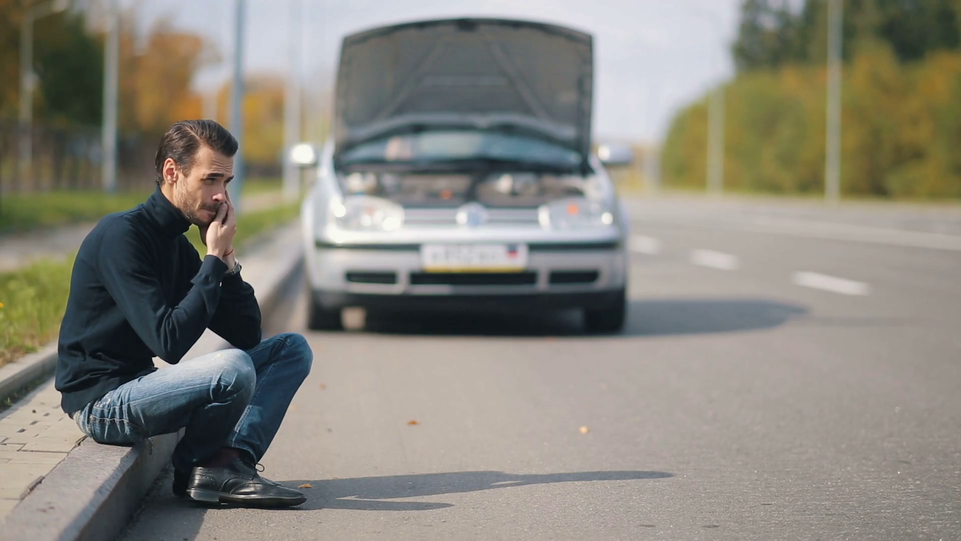 Man with broken car calling for help Stock Video Footage 0028 SBV