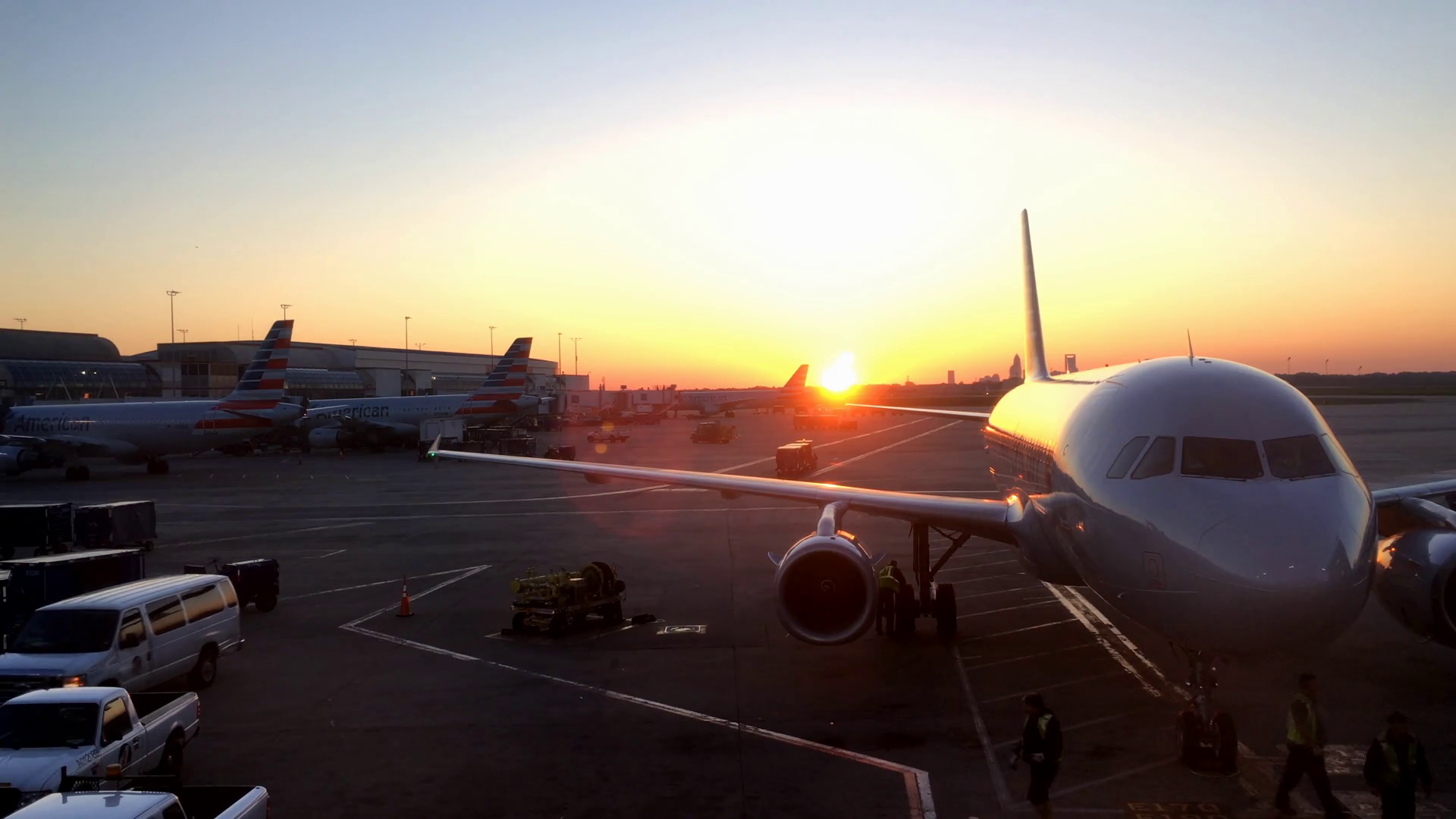 Airplane in sunset at Charollete North Carolina airport 4k Stock Video