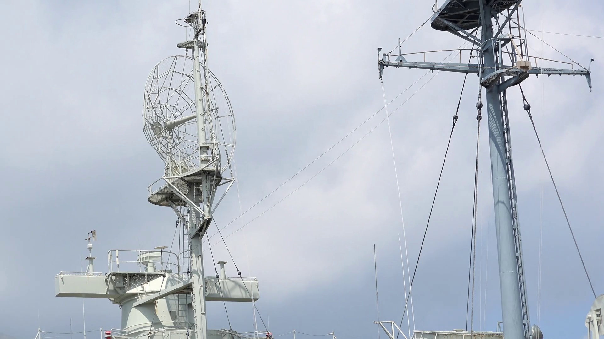 Satellite and radar tracking on naval battleship 4k Stock Video Footage