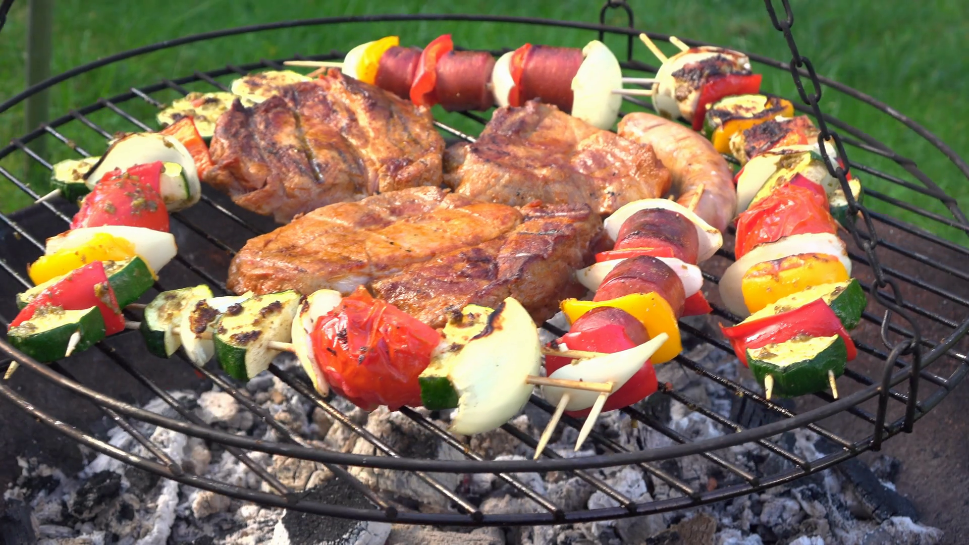 Steak Kabob Cooked On Grill Over Fire Pit 4k Stock Footage SBV