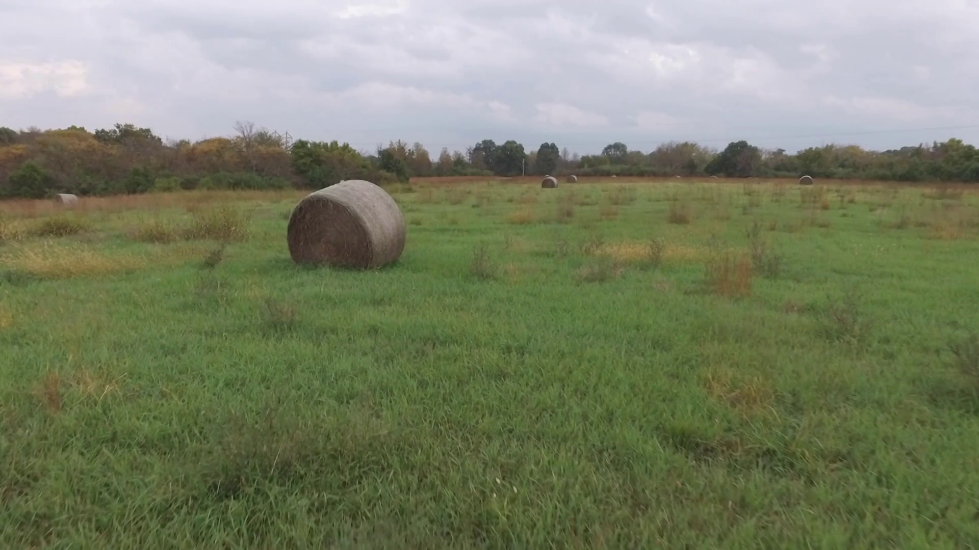 Sweeping over grass in field with hay rolls aerial shot Stock Video