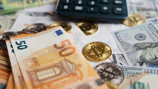 Background with US Dollar and Euro bills, BTC bitcoins and bills to pay.