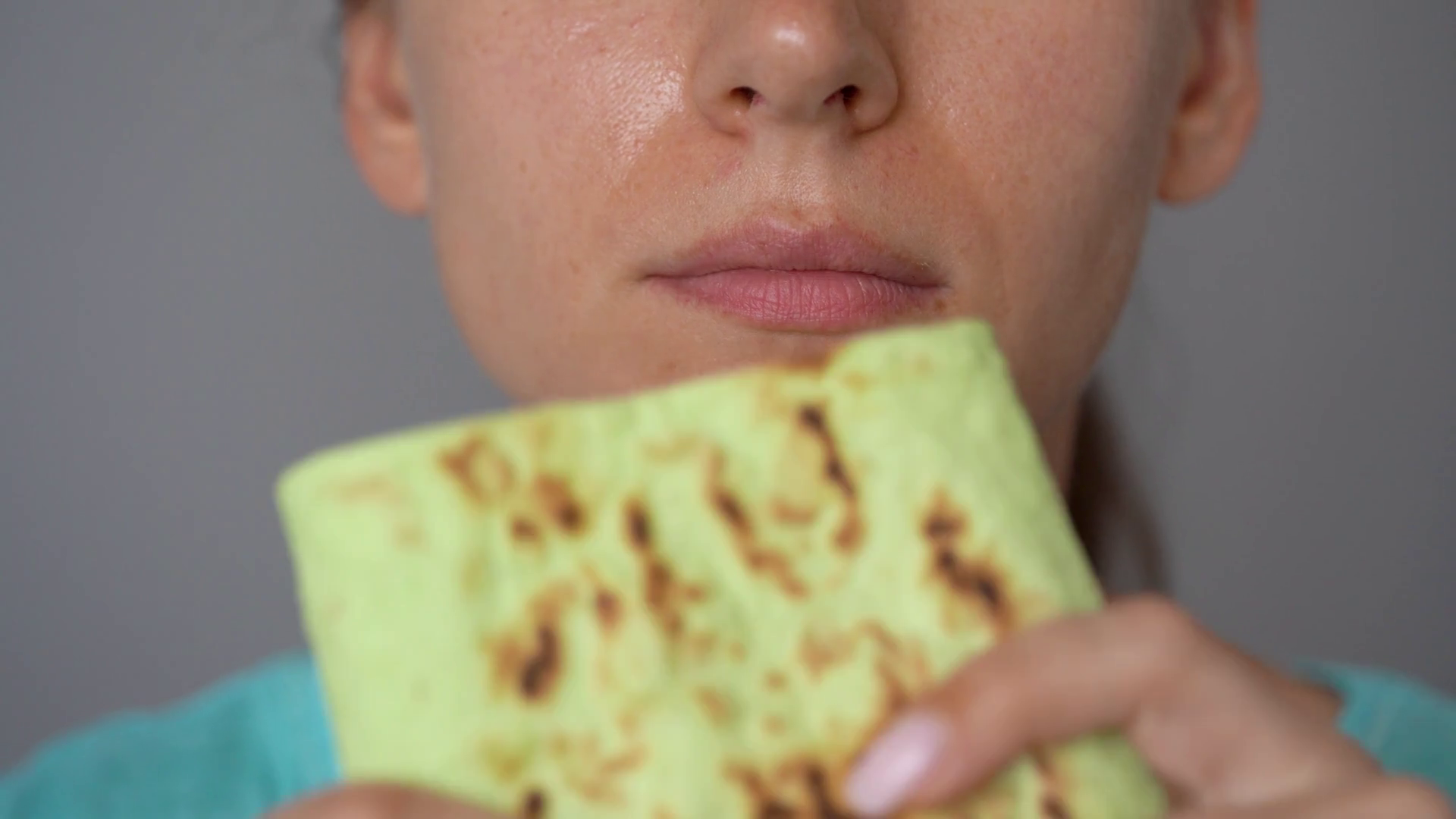 Woman Eating Spinach Pita Bread With Chicken Stock Footage SBV