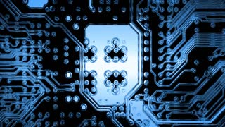 Animation of technical scheme of computer circuit board. Details of mainboard with microelectronics components and connections. Cinema 4K 60fps zoom-in video