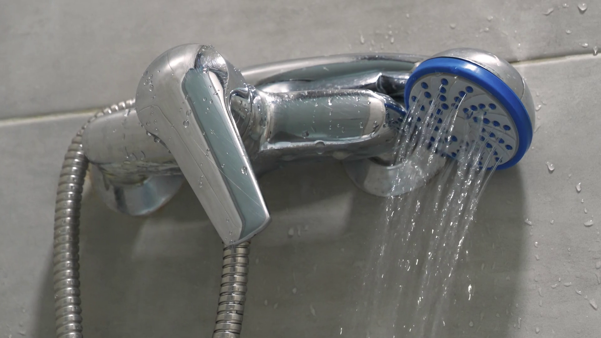 Shower. Take a shower. Morning shower. Clean water flows from shower