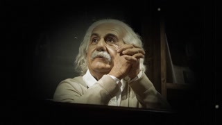 Wax figure of world-famous scientist, theoretical physicist, Nobel laureate, creator of theory of relativity Albert Einstein. Video in retro style like an old film
