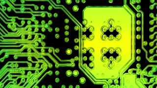 Animation of computer circuit board. Details of green mainboard with microelectronics components and connections. Cinema 4K 60fps video