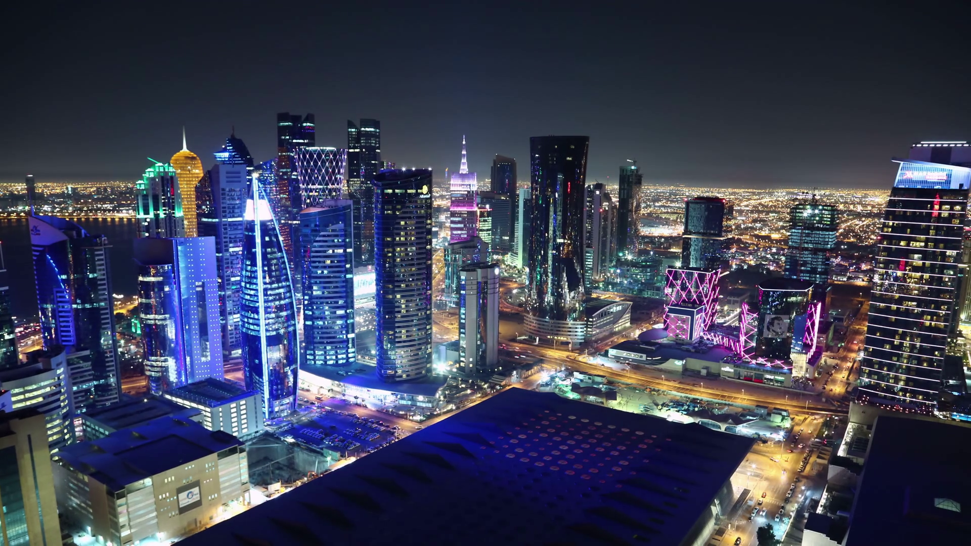 QATAR, DOHA, MARCH 20, 2018 4K night rooftop cityscape panorama