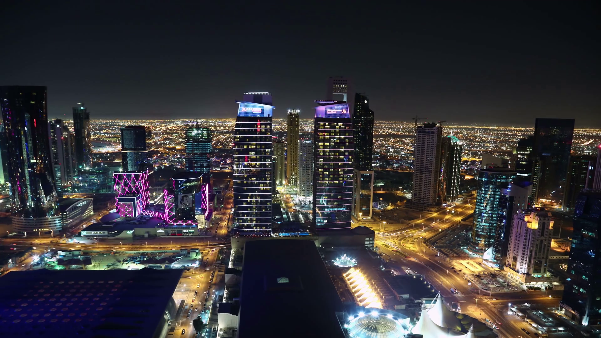 QATAR, DOHA, MARCH 20, 2018 UHD 4K night rooftop cityscape panorama