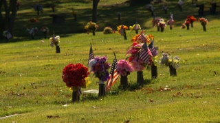 A group Veteran's Graves with American Flags and Flowers to honor their service and sacrifice.