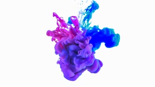 Blue, pink and purple ink cloud forming on white background