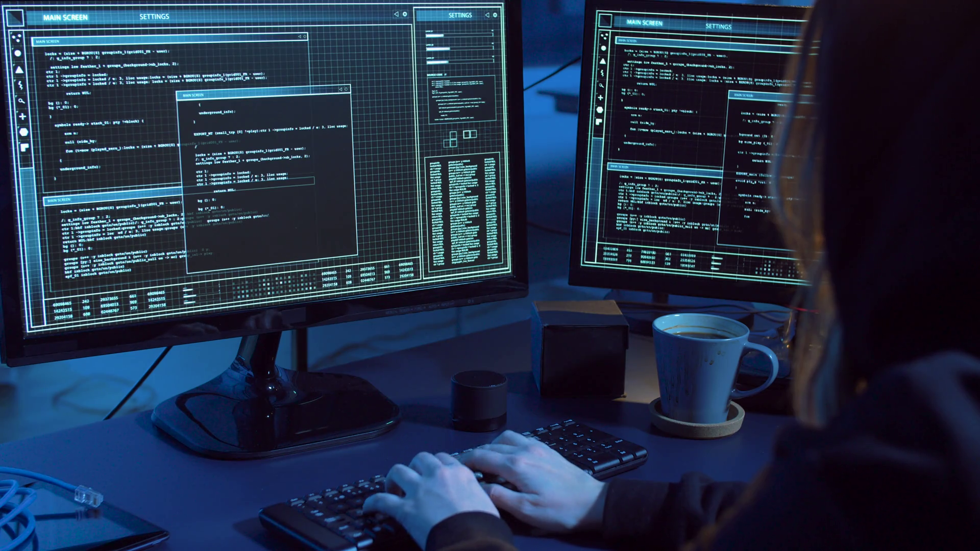 cybercrime, hacking and technology concept - female hacker in dark room