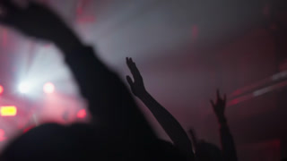 A lively crowd at a concert or nightclub, with people raising their hands, clapping, and recording with phones, silhouetted against dynamic