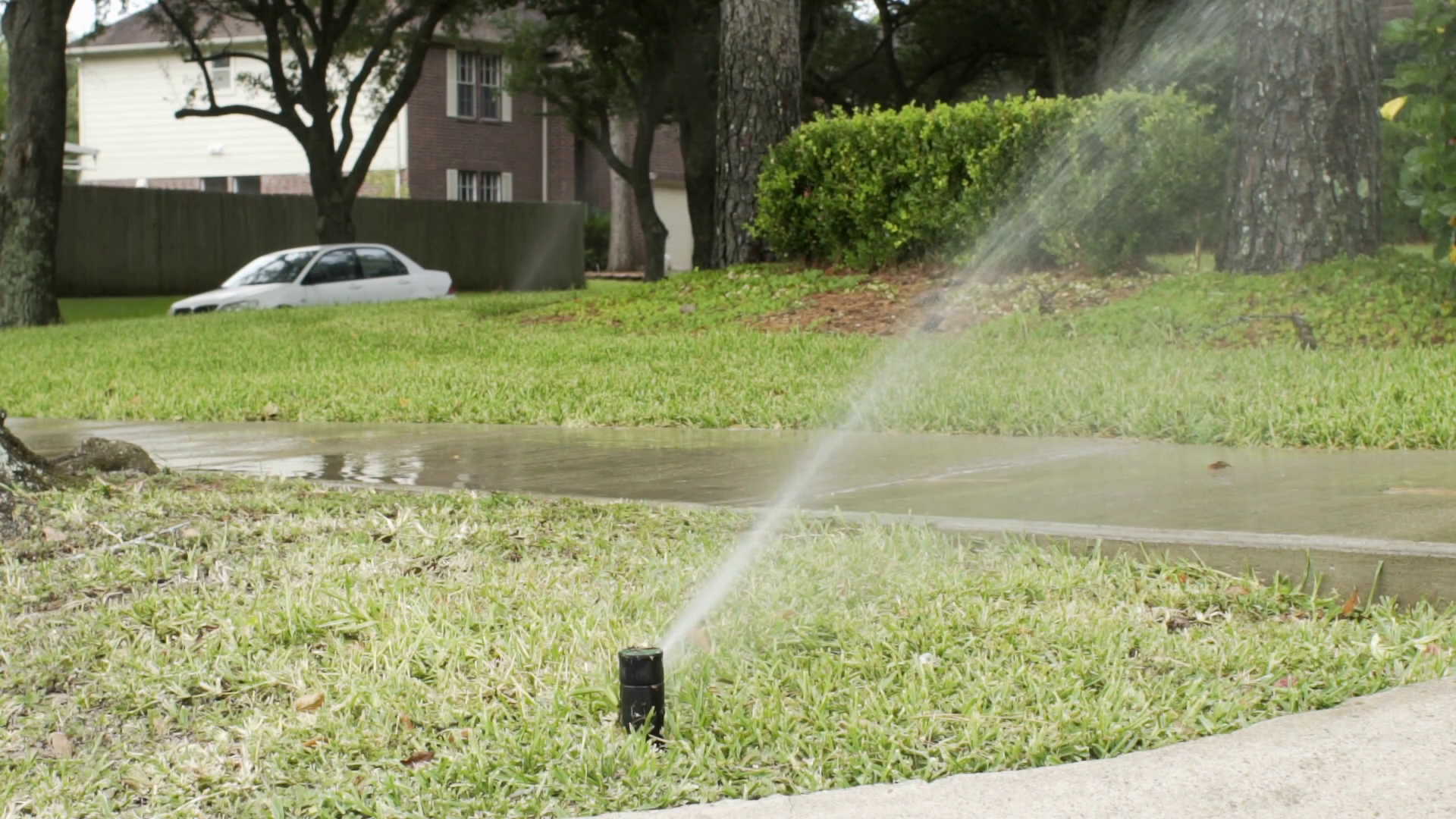 slow motion wide shot of lawn sprinkler in a neighborhood yard Stock Video Footage 0034 SBV