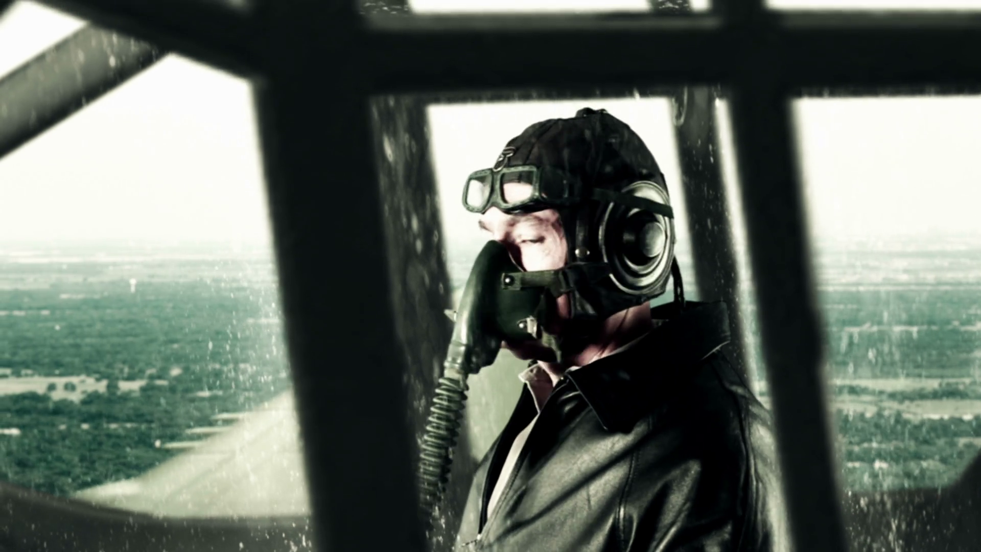 WWII pilot capturing film footage of an enemy location from plane Stock