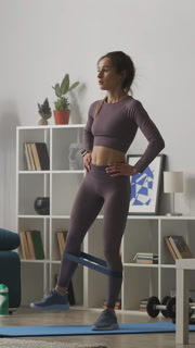 A young woman engaged in a focused home workout routine using resistance bands in a well-organized living room, emphasizing fitness