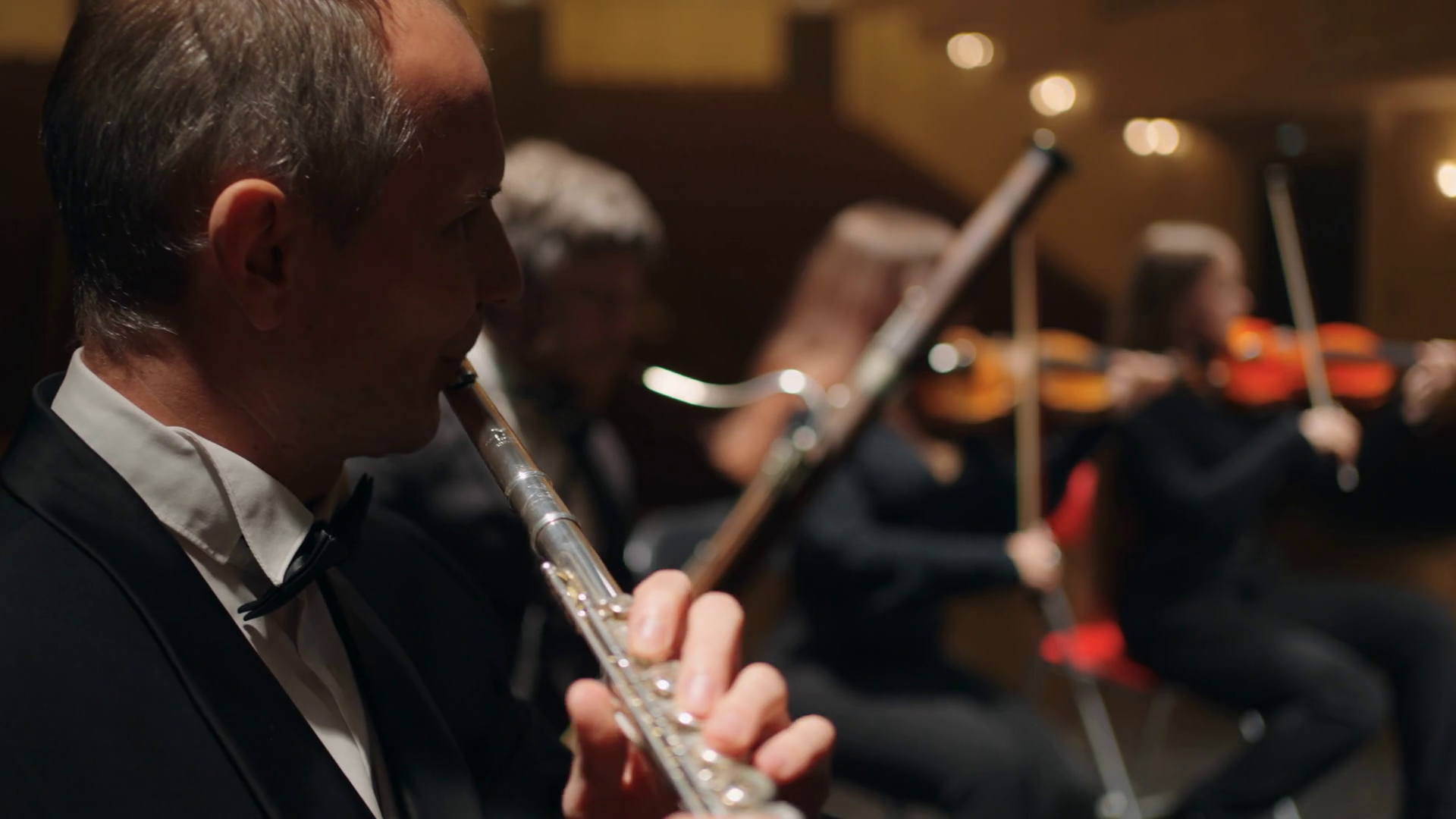 wind and string instruments in orchestra, musicians are playing classic or neoclassical music