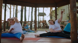 Body-Positivity, Fitness Workout In Weight Loss Camp, Overweight Women Training In Nature