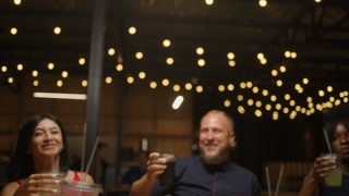 Multiracial People Clinking Glasses With Cocktails In Bar And Laughing, Celebrations And Cheering
