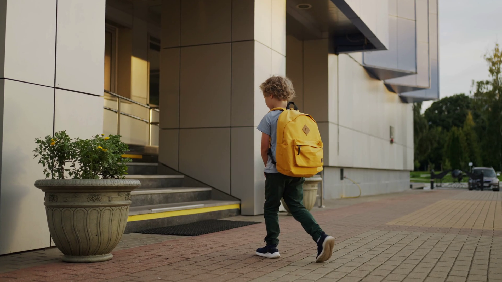 Firstgrader Boy With Backpack Walking Into Stock Footage SBV348453942