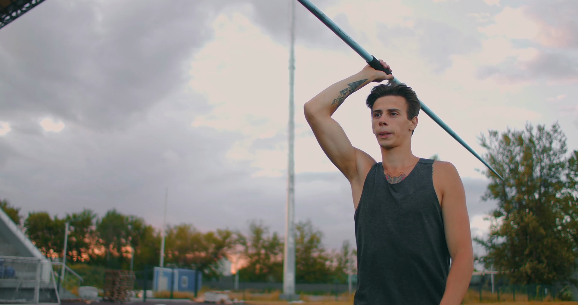 A Male Athlete Throws Javelins At Stadium In Stock Footage SBV