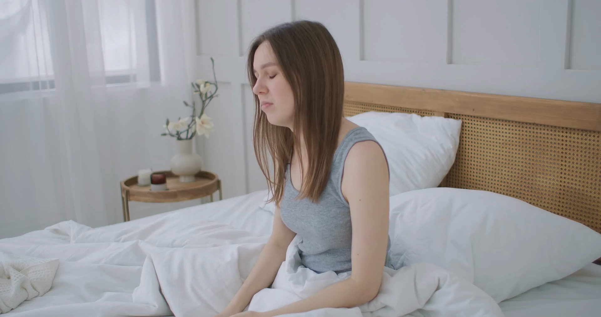 Woman Waking Up Having Pain In Shoulder Neck Stock Footage SBV