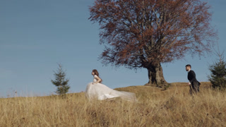Full shot of Happy carefree Caucasian Newlyweds running on mountain slope under autumn tree.