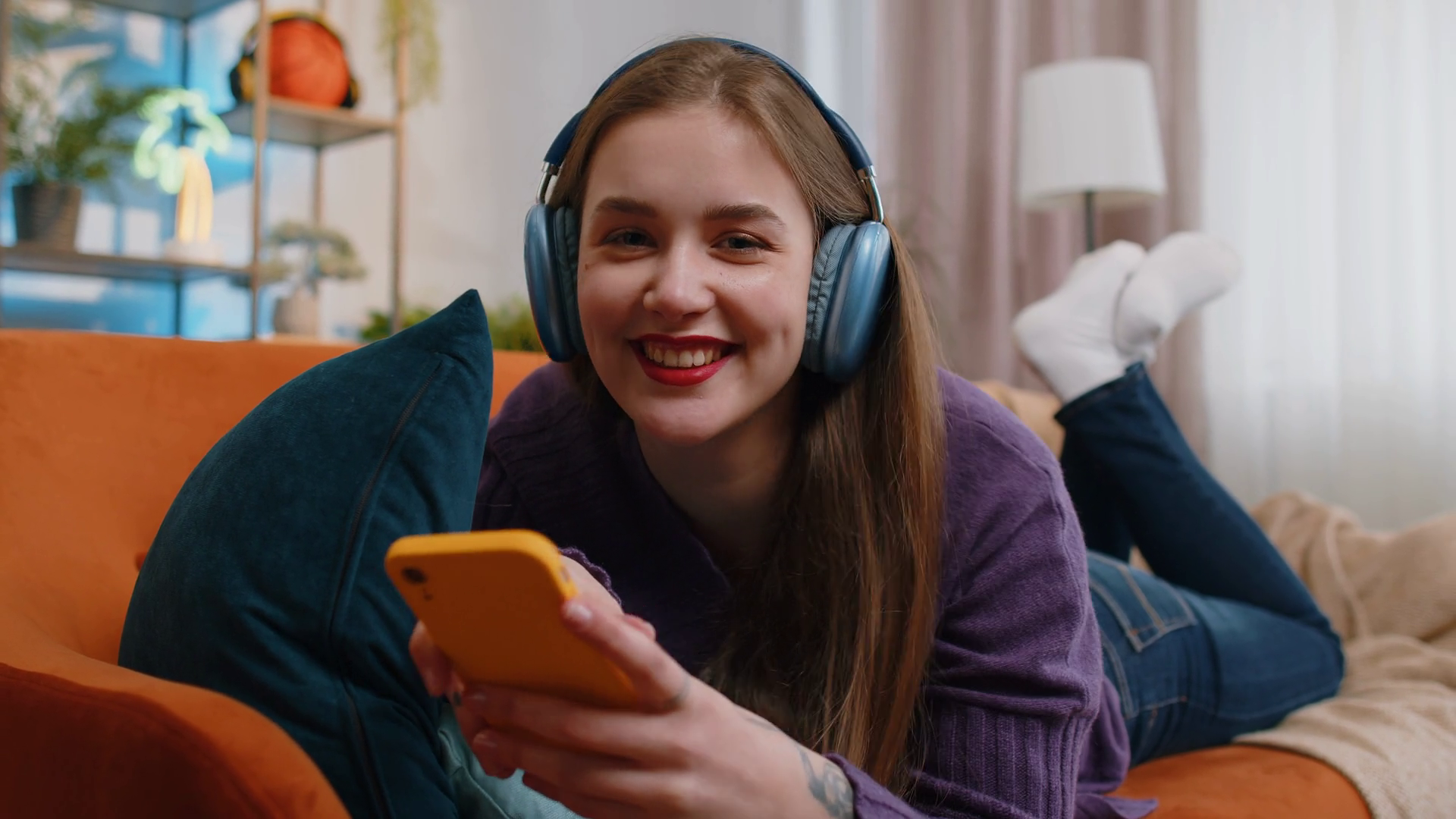 Happy Young Woman In Wireless Headphones Stock Footage SBV-352112772 ...