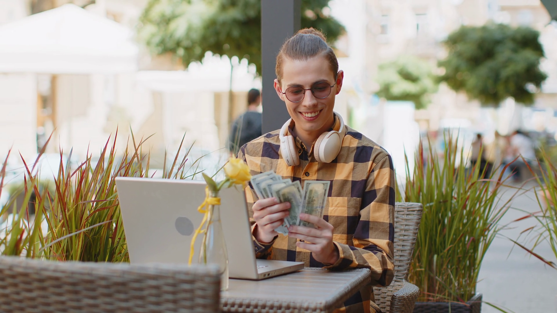 Happy Rich Man Use Laptop Winner Holding Fan Stock Footage SBV ...