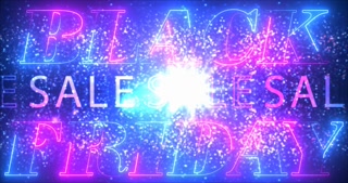 Black Friday midnight sale advertisement promotion background neon signboard 4K. Stylish glowing Sale Discount offers mega-sale concept. Stock clearance, deal of the day, 50% off. Keyable 3d glass fx