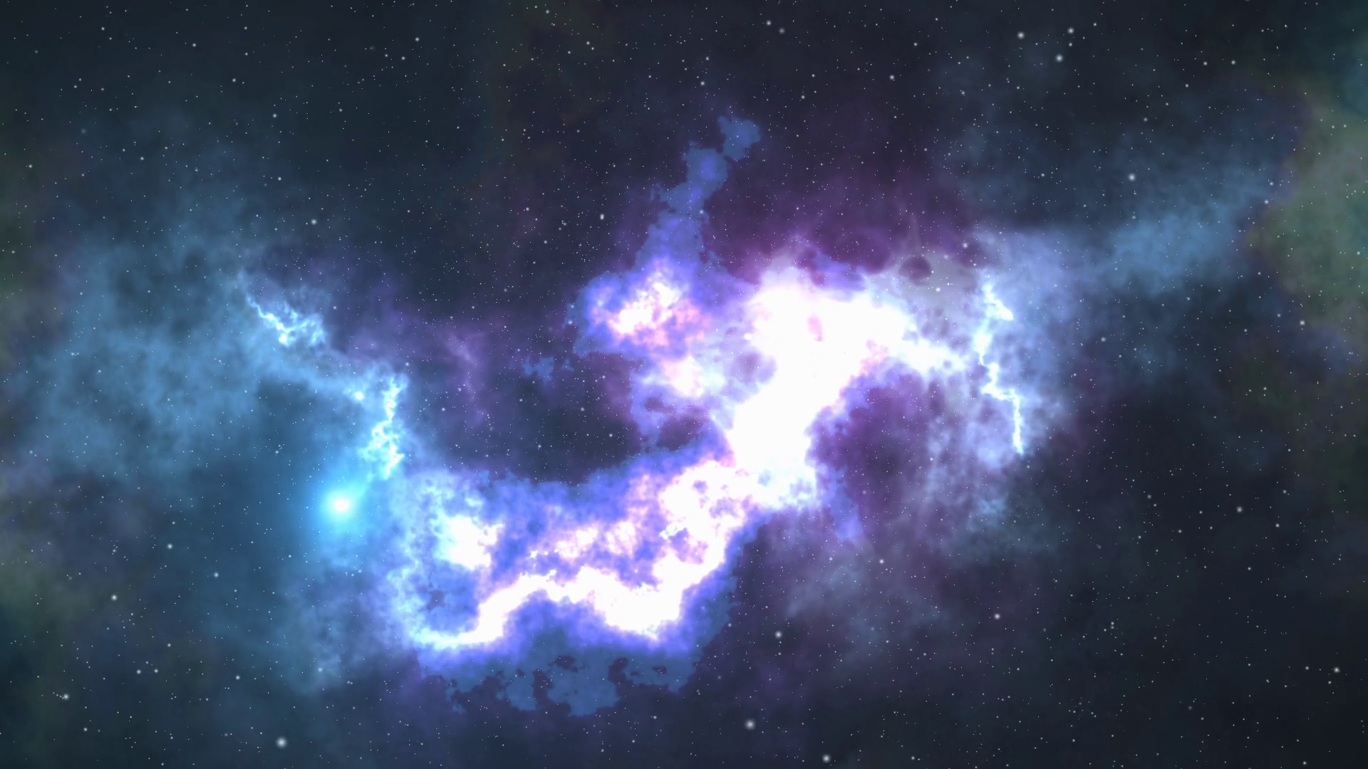 Space background. Camera is flying through the blue and magenta