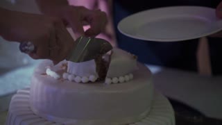 Woman cutting celebration cake