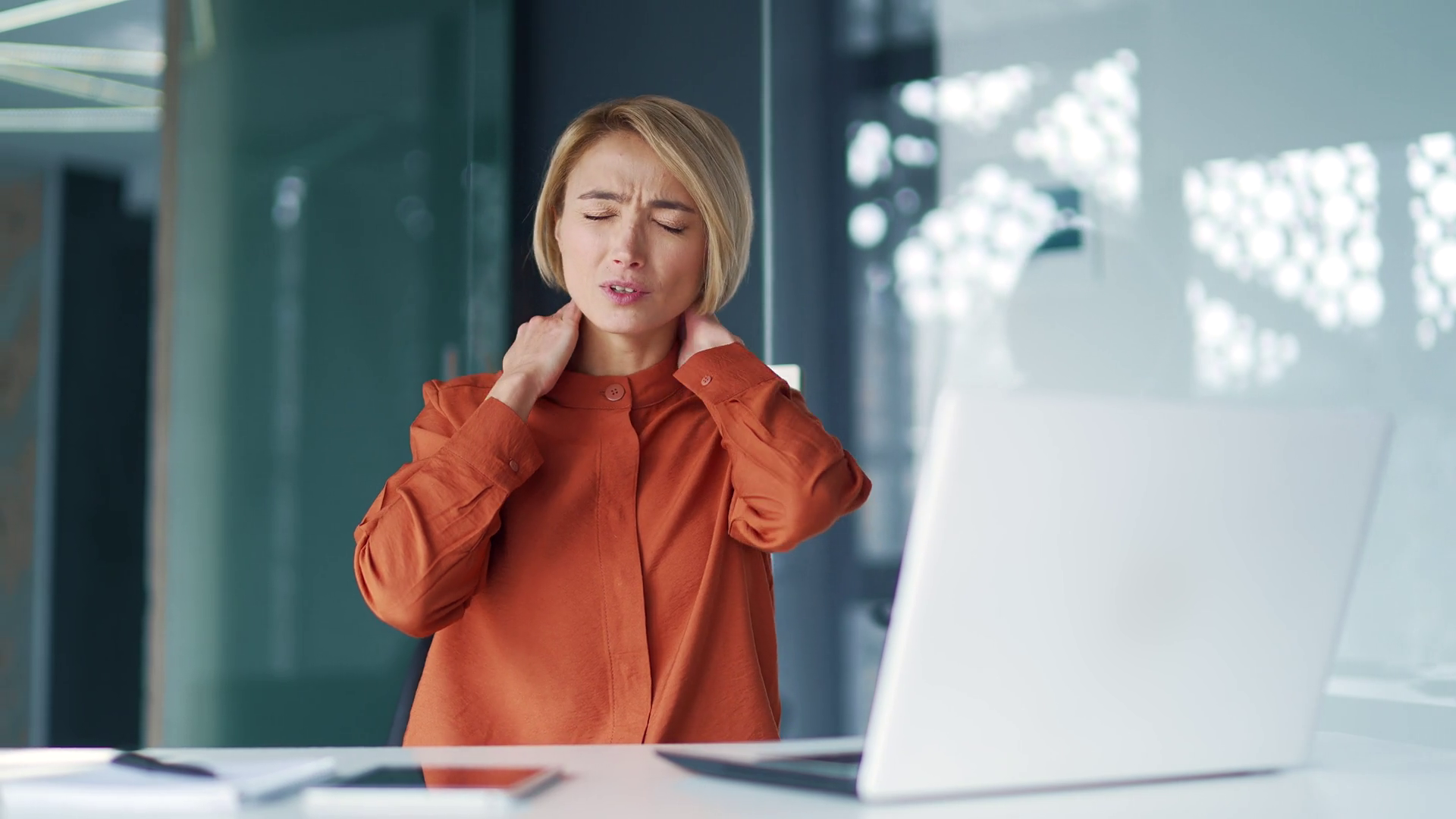 Tired Young Woman Suffering From Neck Pain Stock Footage SBV-351666332 ...