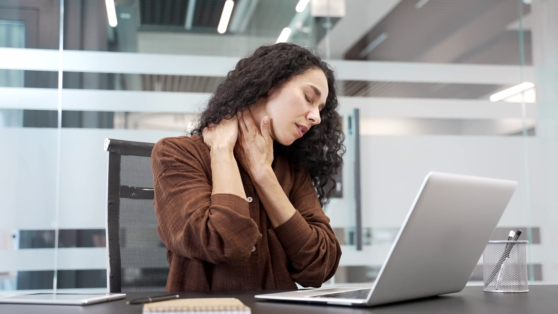 Tired Businesswoman Suffering From Neck Pain Stock Footage SBV ...
