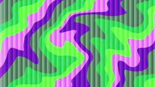 Animation vibrantly colored green purple and pink wavy pattern dances over vertical stripes.