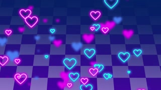 Animation neon hearts gently ascend glowing softly above a vibrant purple checkerboard floor scene.