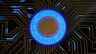 A golden digital coin pulsates with blue light on a circuit board. 3D rendering.