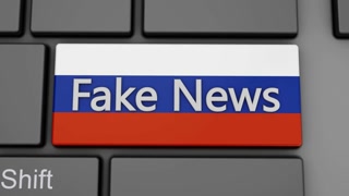 A button on the keyboard with the Russian flag and the inscription Fake News. 3D rendering.