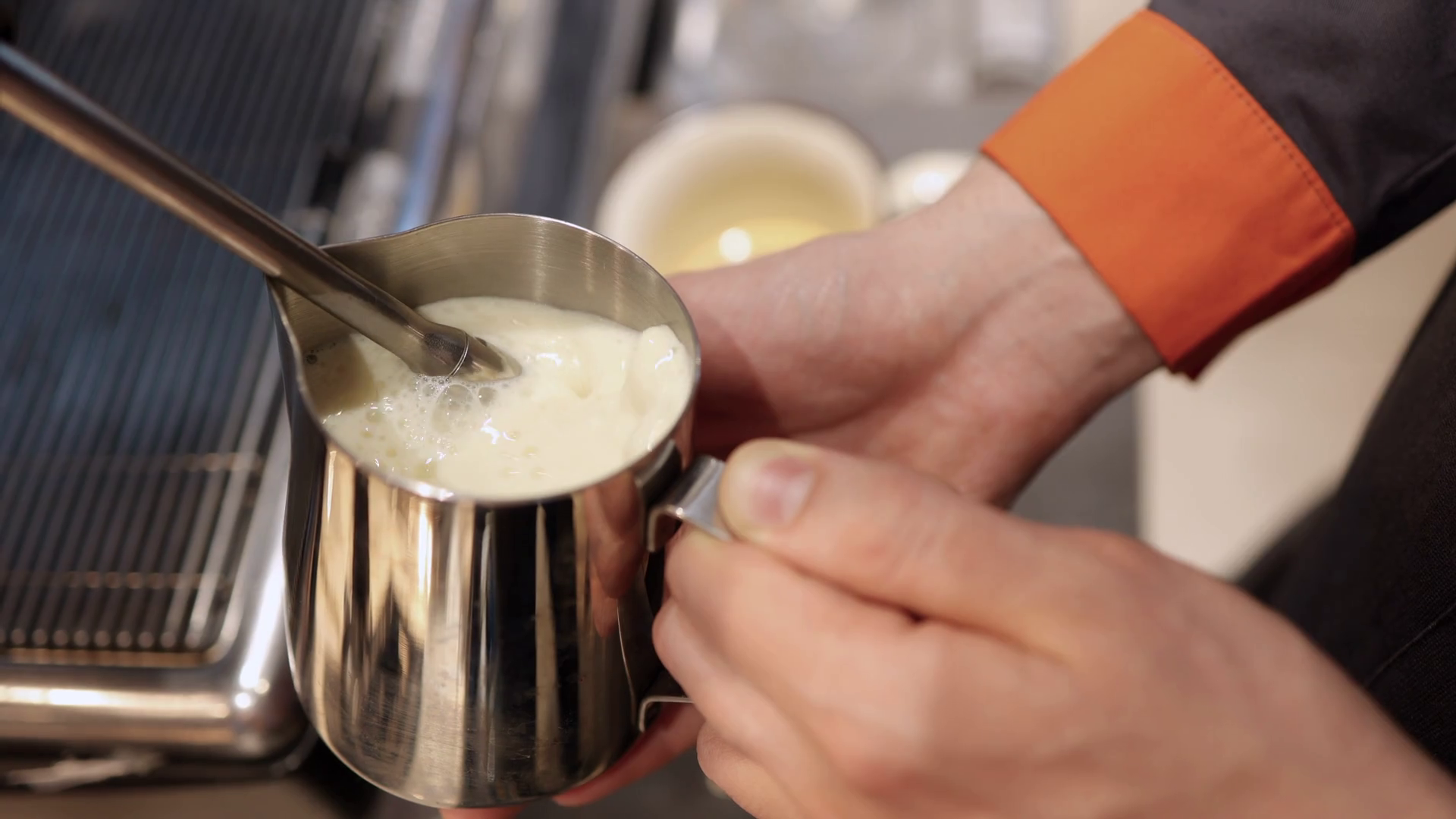Barista Steaming Milk On Coffee Machine Spbi Stock Footage SBV