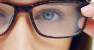 Glasses, eyes and closeup on face for optometry, vision and wellness for eyesight with fitting, choice or test