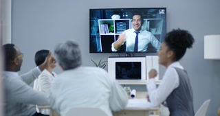 Business people, television monitor and video conference for seminar, comic joke and collaboration in office
