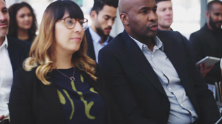 Seminar, business people row or audience listen to project ideas, presentation speech or corporate training